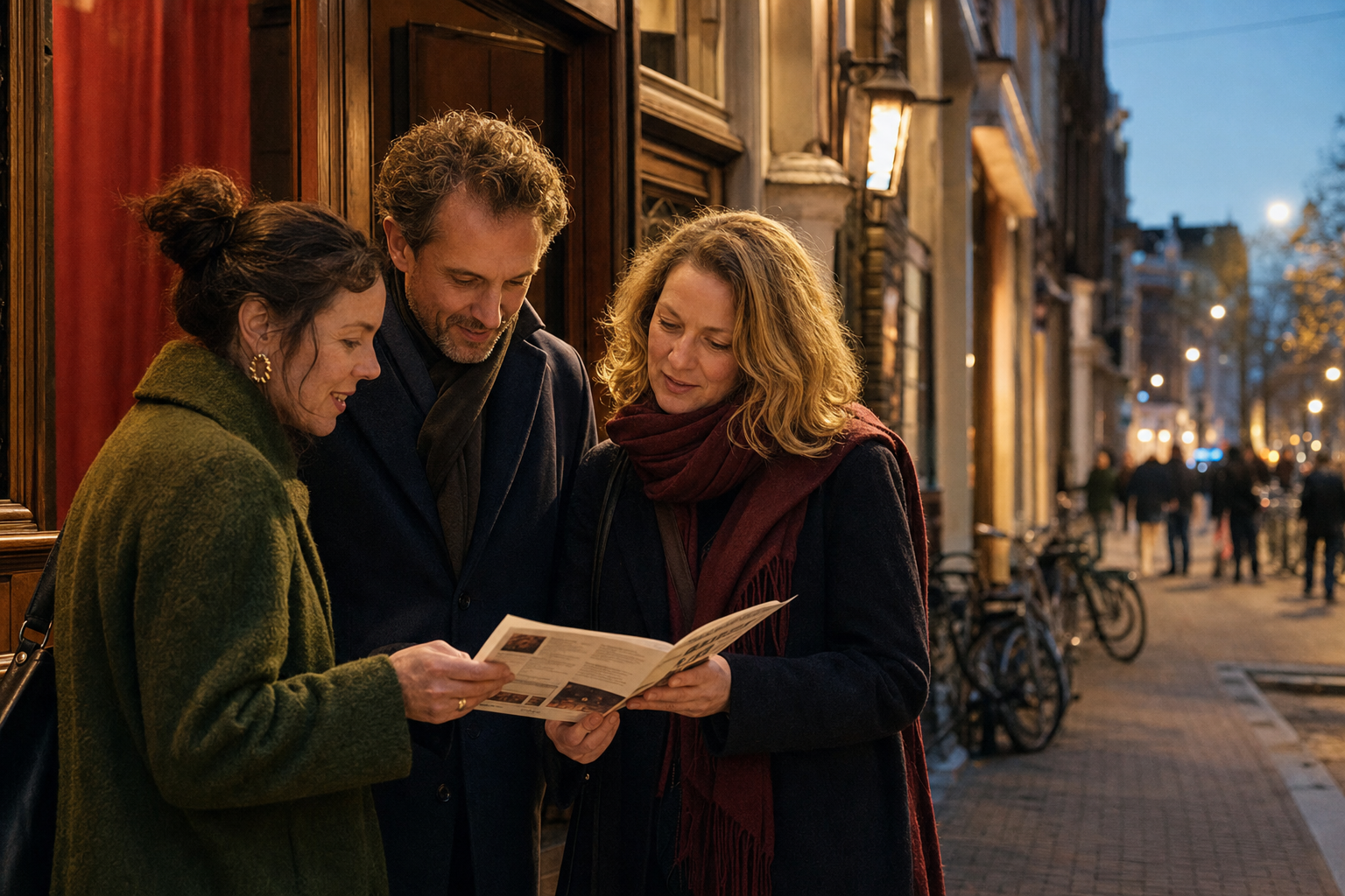 Drie volwassenen bekijken samen een programma voor de ingang van een theater