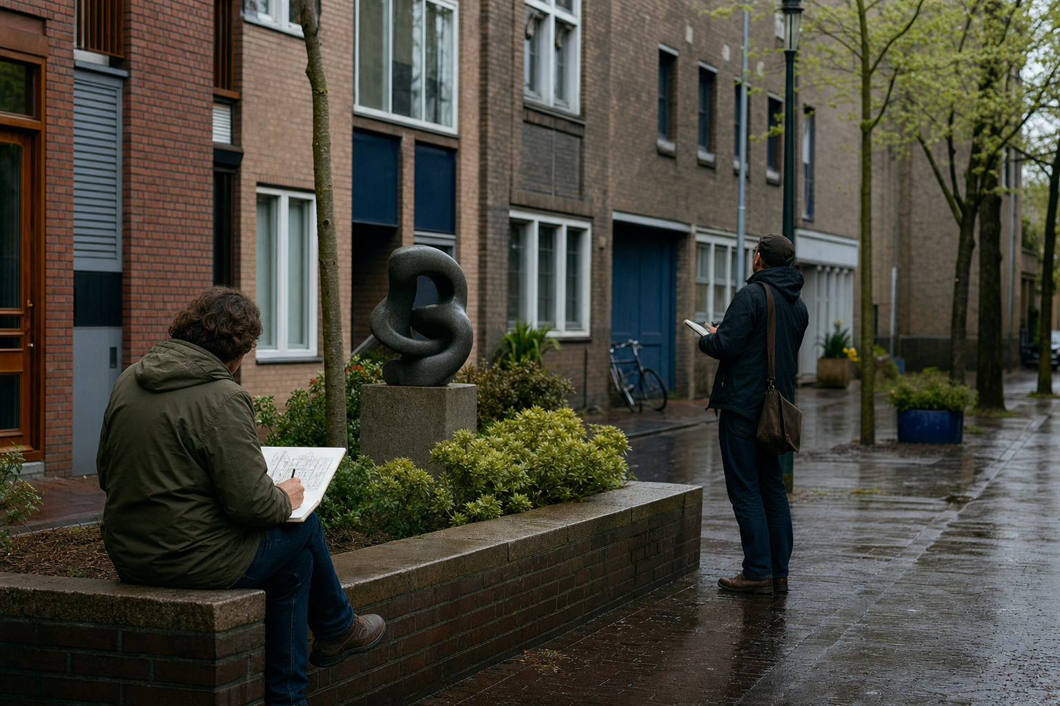 Twee volwassenen tekenen architectuur en een sculptuur tijdens een stadswandeling